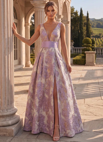 A-Line/Princess Evening Gown Elegant Jacquard Floral Purple V-Neck Sleevelss Floor-Length Dress