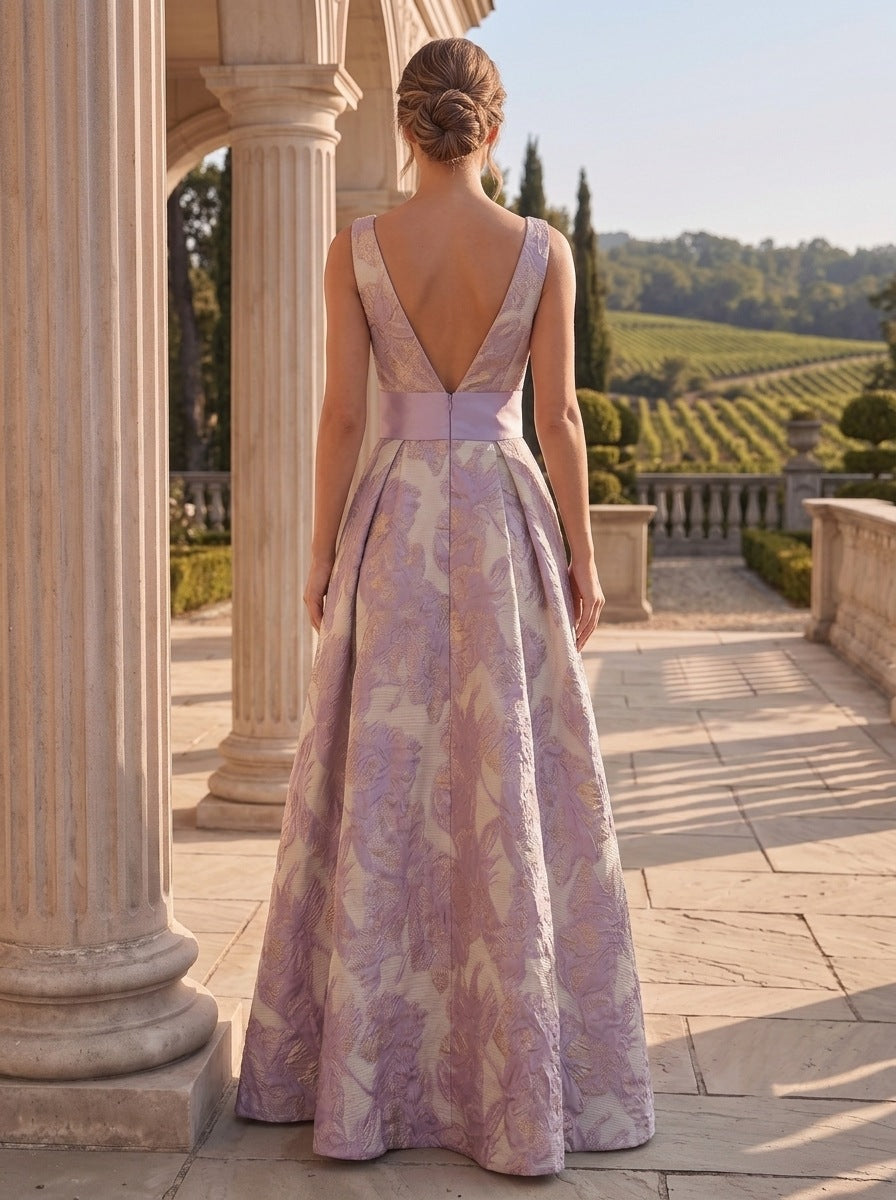 A-Line/Princess Evening Gown Elegant Jacquard Floral Purple V-Neck Sleevelss Floor-Length Dress