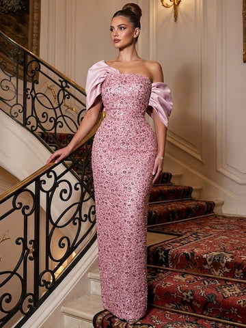 Sheath/Column Evening Dresses Pink Off-the-Shoulder Sleeveless Floor-Length Sequined Evening Gown