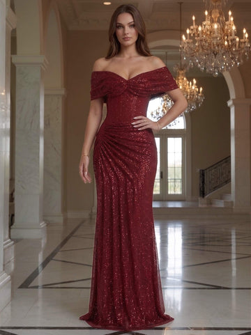 Trumpet/Mermaid Evening Dresses Red Off-the-Shoulder Sleeveless Floor-Length Sequins Evening Gown