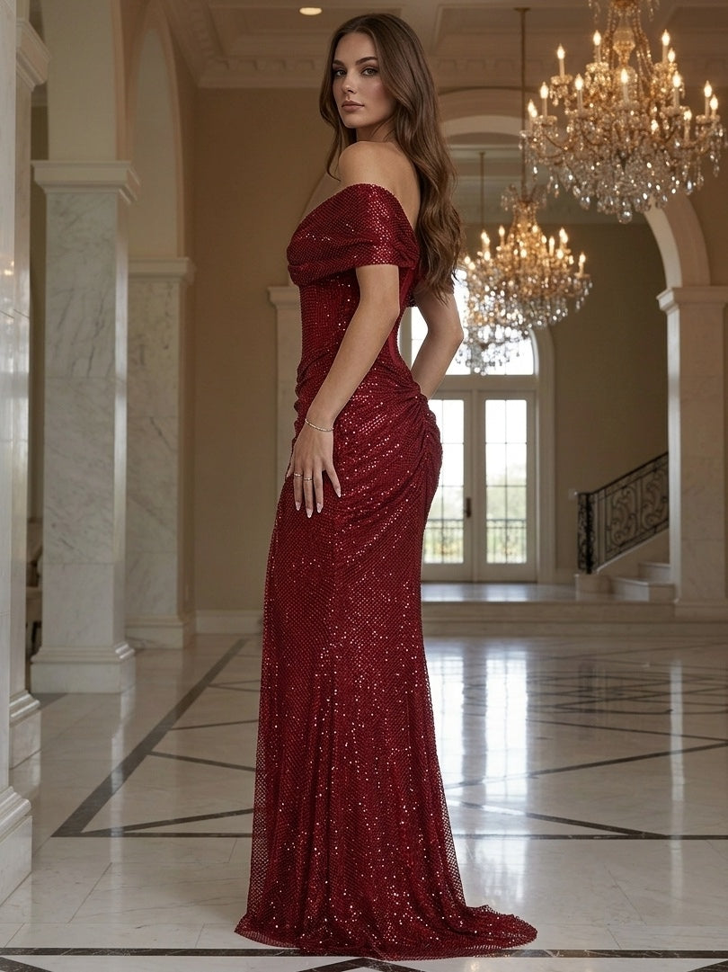 Trumpet/Mermaid Evening Dresses Red Off-the-Shoulder Sleeveless Floor-Length Sequins Evening Gown