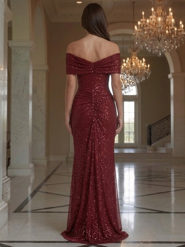 Trumpet/Mermaid Evening Dresses Red Off-the-Shoulder Sleeveless Floor-Length Sequins Evening Gown