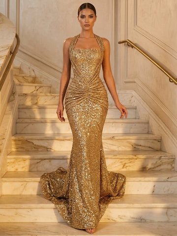 Trumpet/Mermaid Evening Dresses Gold Halter Sleeveless Floor-Length Sequins Zipper Evening Gown