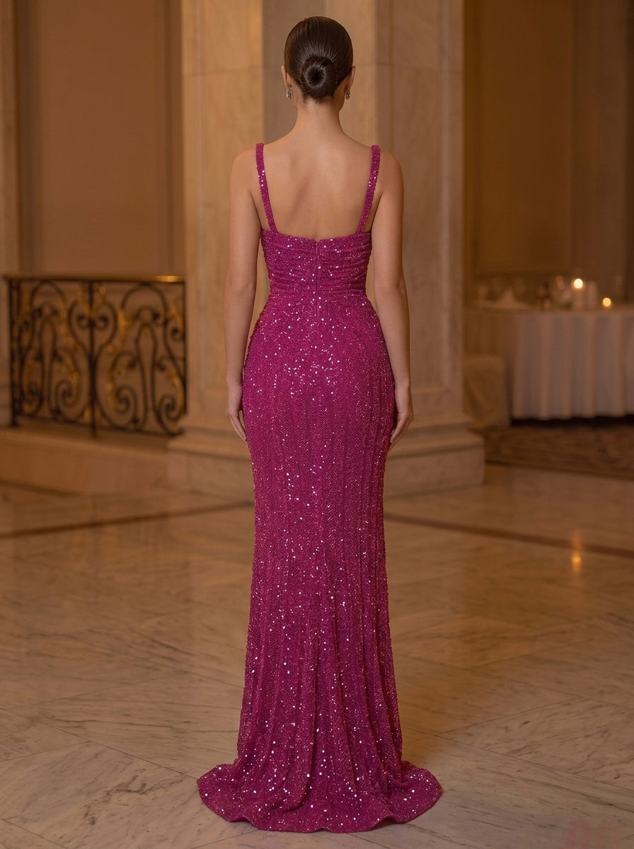 Sheath/Column Evening Dresses Fuchsia Square Collar Spaghetti Straps Sleeveless Floor-Length Sequined Evening Gown