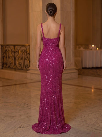 Sheath/Column Evening Dresses Fuchsia Square Collar Spaghetti Straps Sleeveless Floor-Length Sequined Evening Gown