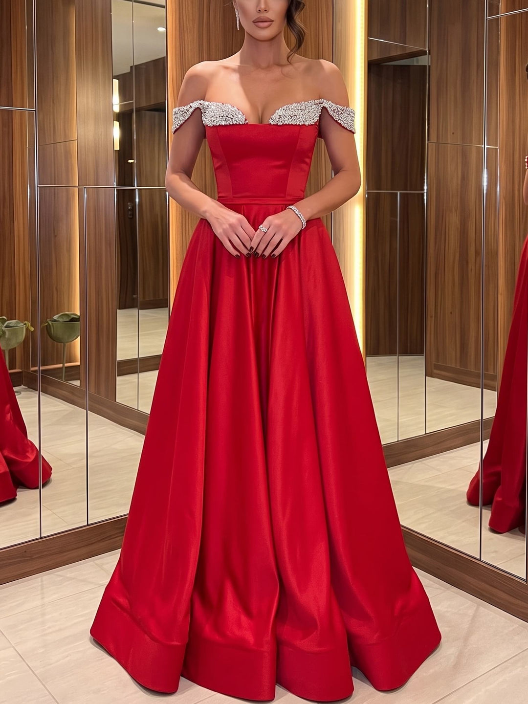 A-Line Evening Dresses Satin Red Off-the-Shoulder Sleeveless Floor-Length With Beading 
