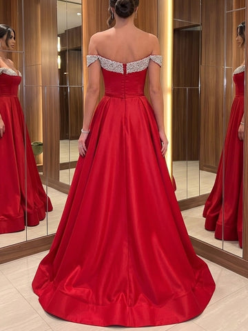 A-Line Evening Dresses Satin Red Off-the-Shoulder Sleeveless Floor-Length With Beading 