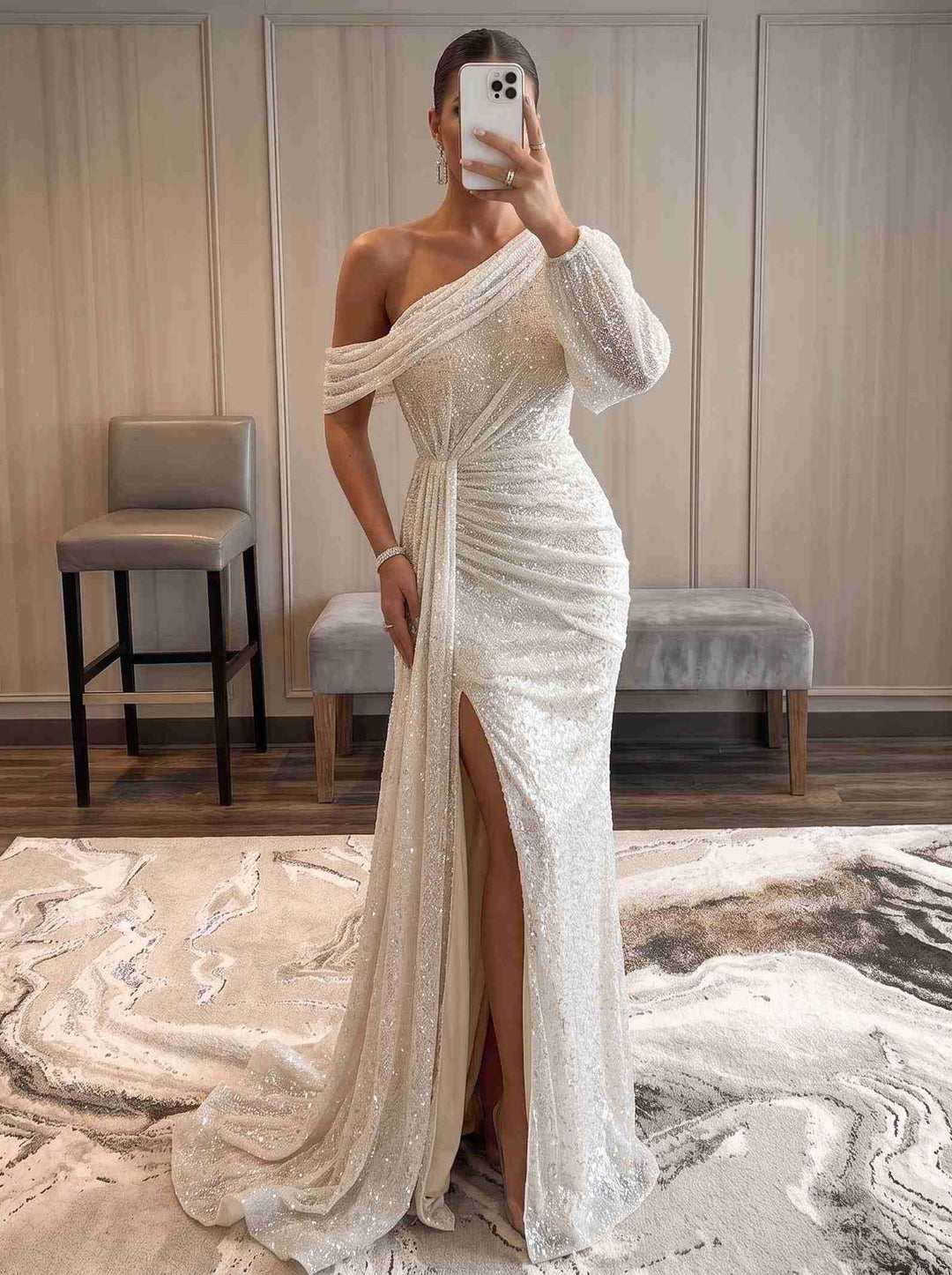 Trumpet/Mermaid Evening Dresses Sequins One-Shoulder Floor-Length With High Split Zipper
