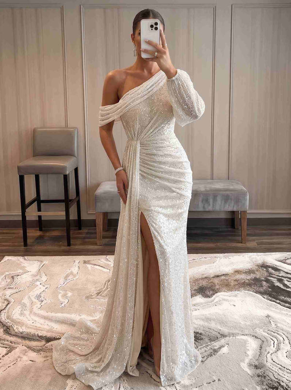 Trumpet/Mermaid Evening Dresses Sequins One-Shoulder Floor-Length With High Split Zipper