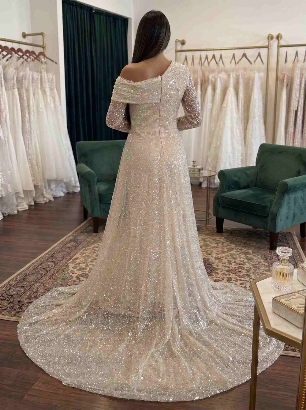 Sheath/Column Evening Dresses Sequined Champagne One-Shoulder Long Sleeves Floor-Length Sequins Court train