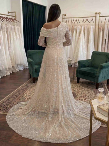 Sheath/Column Evening Dresses Sequined Champagne One-Shoulder Long Sleeves Floor-Length Sequins Court train