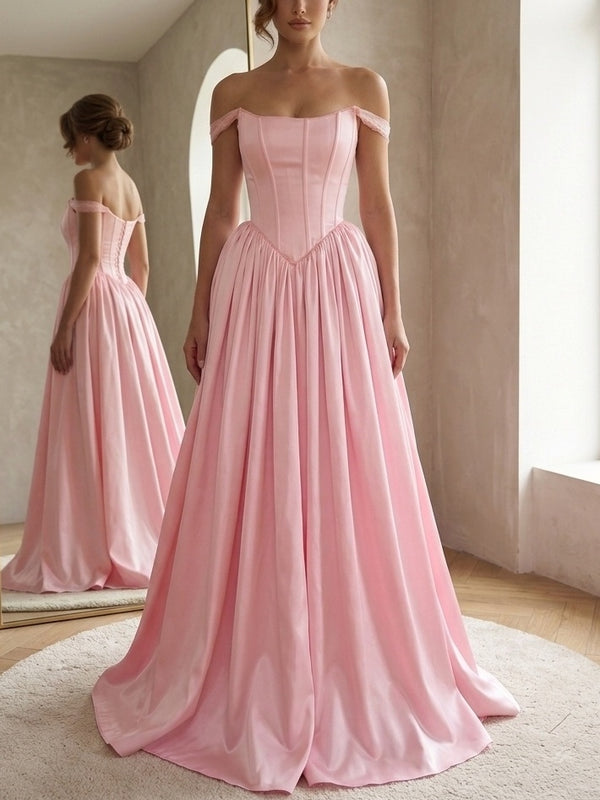 A-Line/Princess Evening Dresses Satin Pink Off-the-Shoulder Sleeveless Floor-Length With Pleated