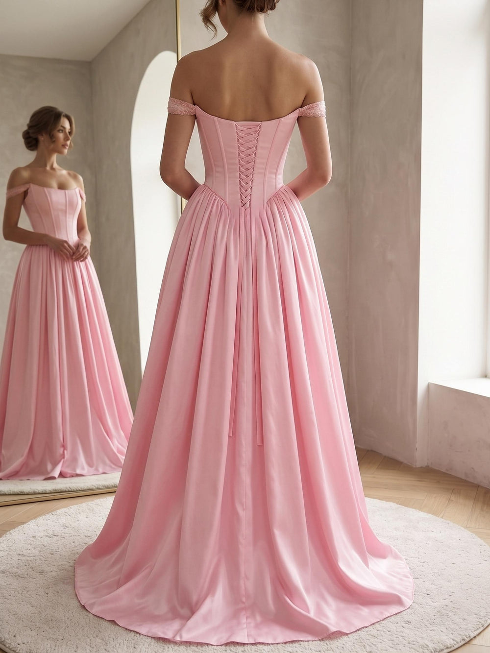 A-Line/Princess Evening Dresses Satin Pink Off-the-Shoulder Sleeveless Floor-Length With Pleated