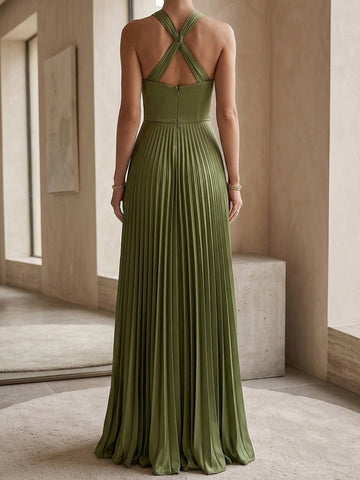 Sheath/Column Evening Dresse Satin Green Criss Cross Sleeveless Floor-Length With Pleated