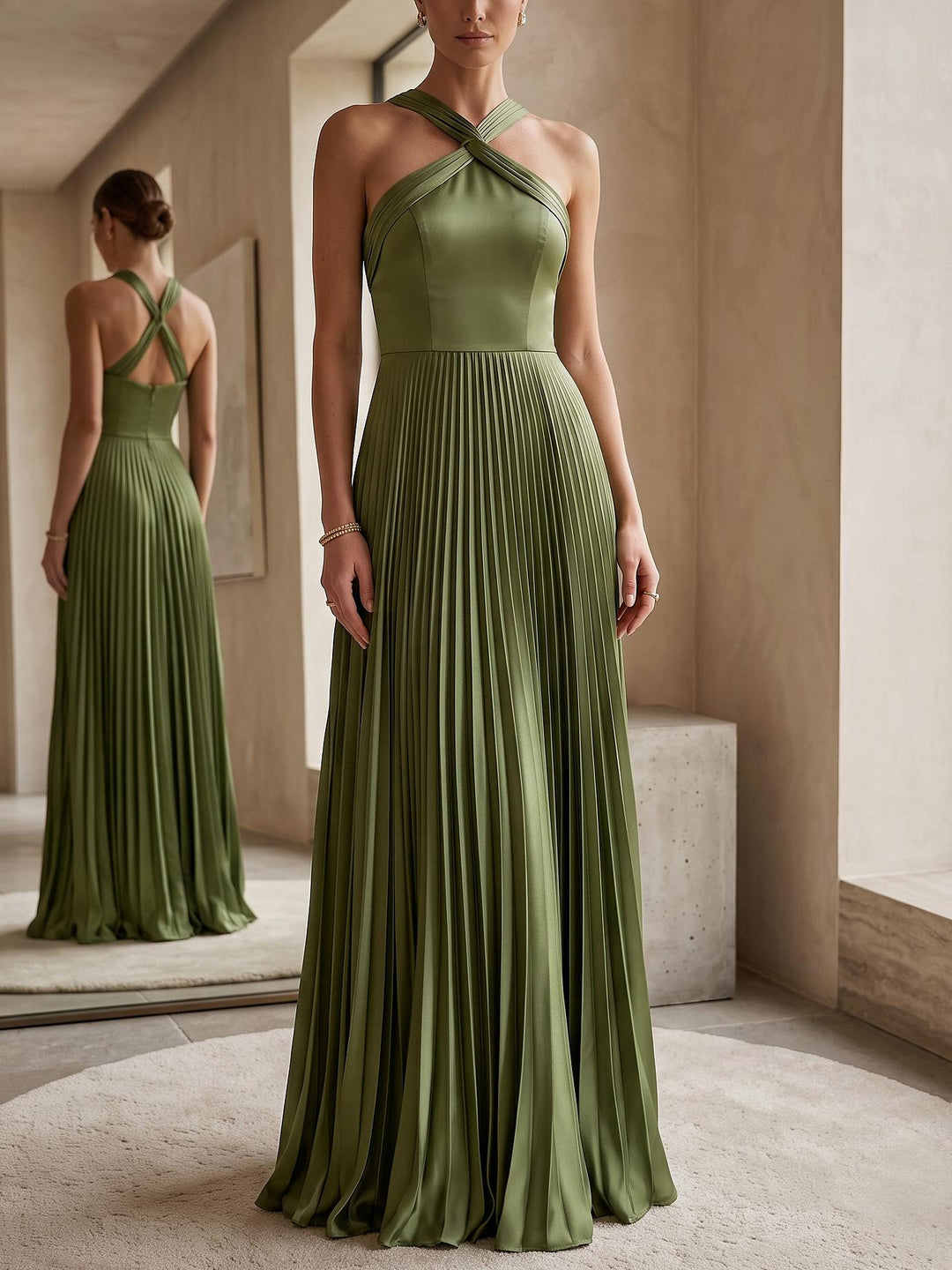 Sheath/Column Evening Dresse Satin Green Criss Cross Sleeveless Floor-Length With Pleated