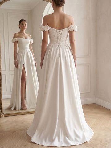 A-Line/Princess Evening Dresses Satin White Off-the-Shoulder Sleeveless Floor-Length With High Split