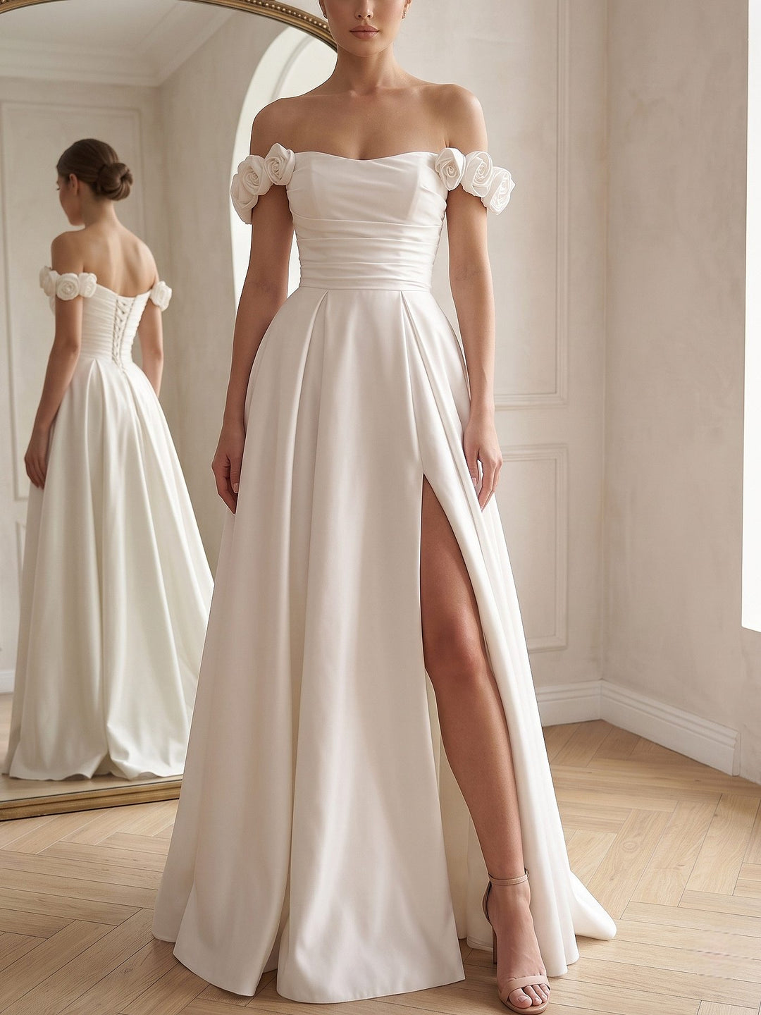 A-Line/Princess Evening Dresses Satin White Off-the-Shoulder Sleeveless Floor-Length With High Split