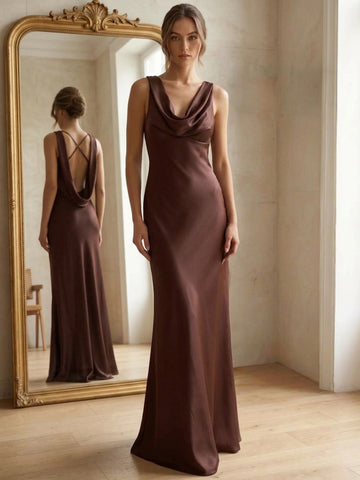 Sheath/Column Evening Dresses Satin Chocolate Cowl Neck Sleeveless Floor-Length With Backless