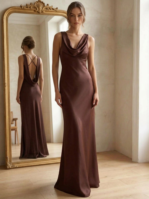Sheath/Column Evening Dresses Satin Chocolate Cowl Neck Sleeveless Floor-Length With Backless