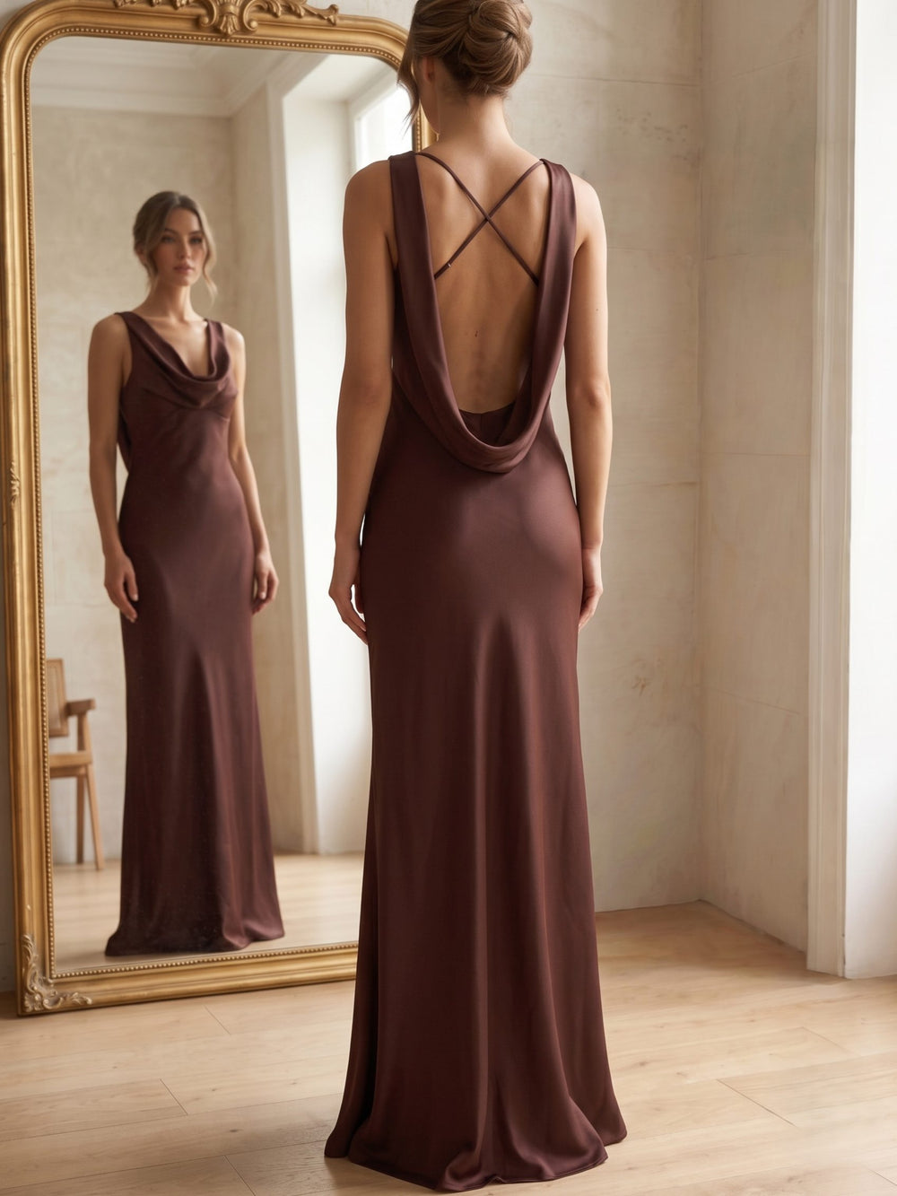 Sheath/Column Evening Dresses Satin Chocolate Cowl Neck Sleeveless Floor-Length With Backless