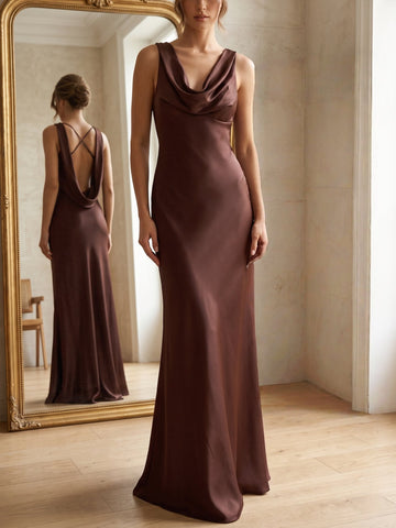 Sheath/Column Evening Dresses Satin Chocolate Cowl Neck Sleeveless Floor-Length With Backless