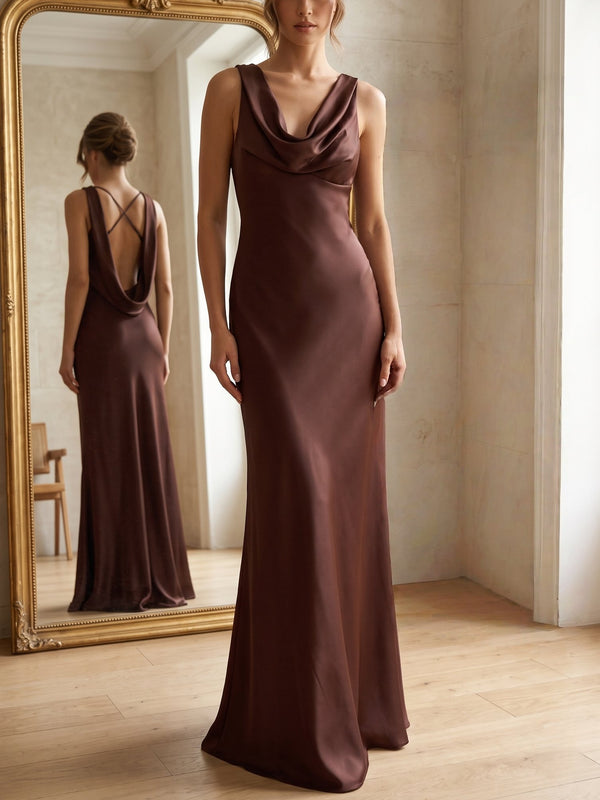 Sheath/Column Evening Dresses Satin Chocolate Cowl Neck Sleeveless Floor-Length With Backless