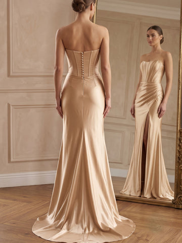 Sheath/Column Evening Dresses Satin Gold Strapless Sleeveless Floor-Length With High Split