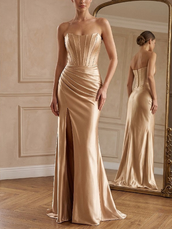 Sheath/Column Evening Dresses Satin Gold Strapless Sleeveless Floor-Length With High Split