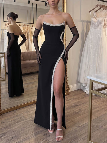 Sheath/Column Evening Dresses Stretch Crepe Black Strapless Sleeveless Ankle-Length With High Split