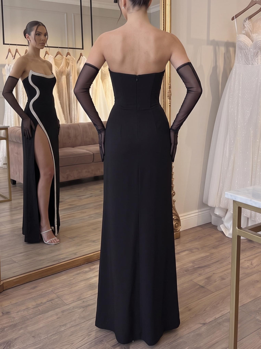 Sheath/Column Evening Dresses Stretch Crepe Black Strapless Sleeveless Ankle-Length With High Split