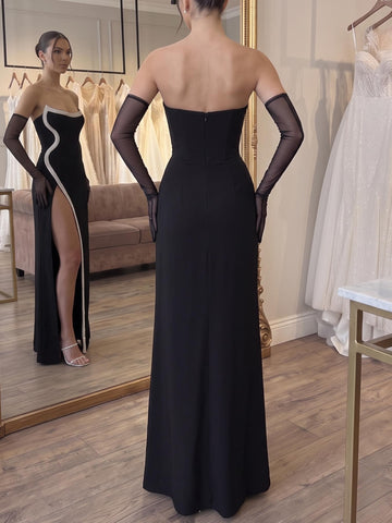 Sheath/Column Evening Dresses Stretch Crepe Black Strapless Sleeveless Ankle-Length With High Split