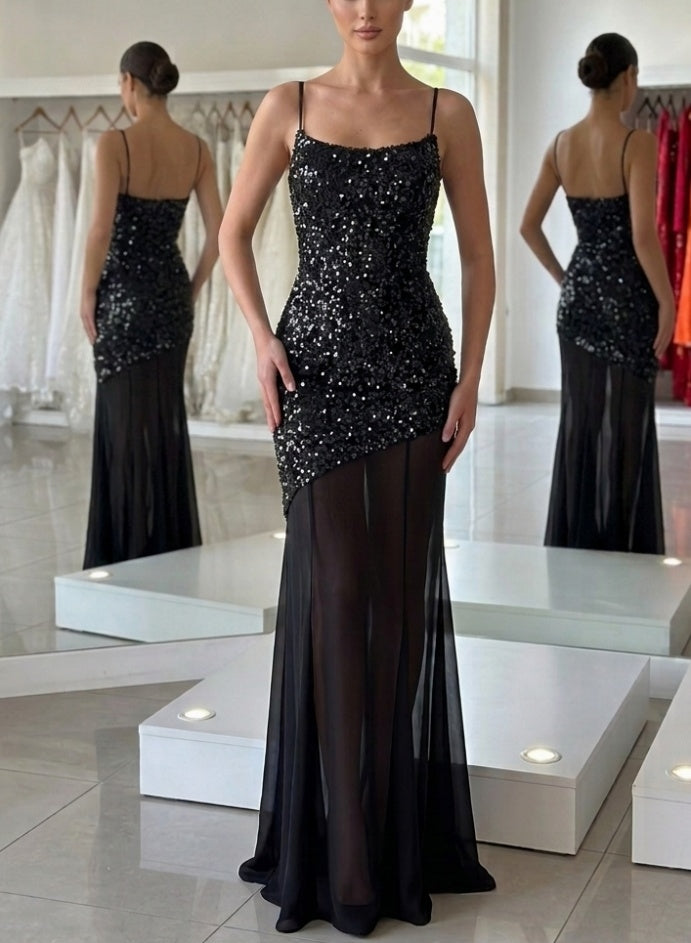 Sheath/Column Evening Dress Sequined Black Square Collar Sleeveless Floor-Length With Sequins