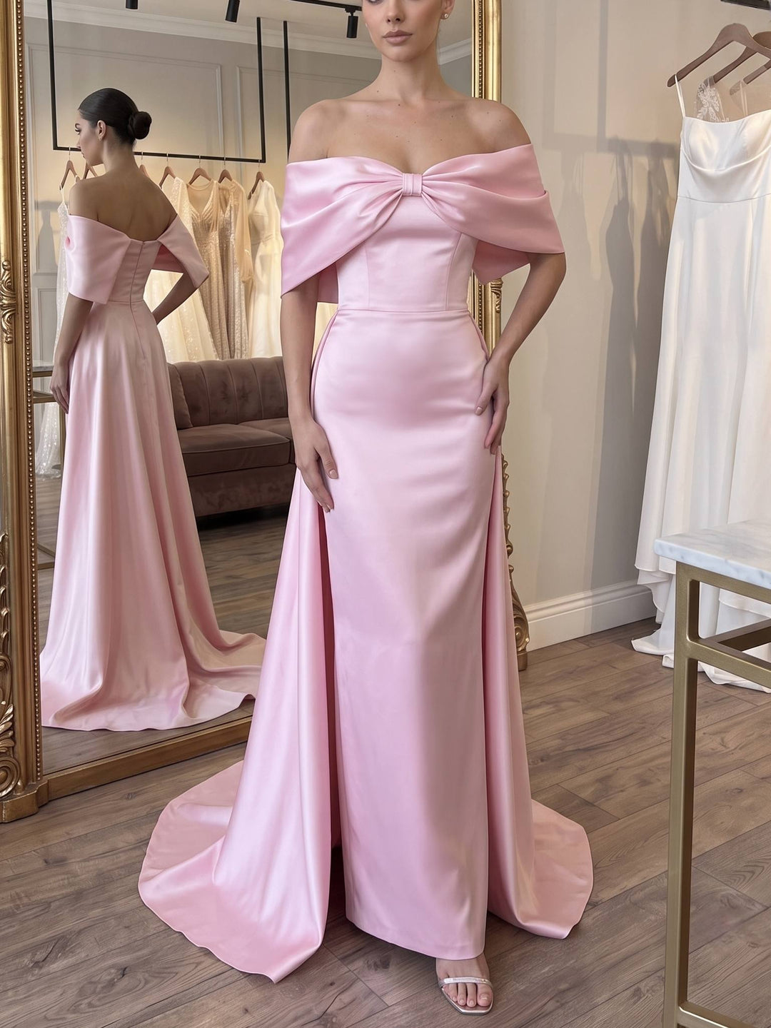 A-Line/Princess Evening Dresses Satin Pink Off-the-Shoulder Sleeveless Bowknot Floor-Length With Panel train