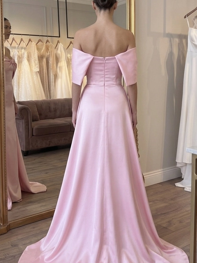 A-Line/Princess Evening Dresses Satin Pink Off-the-Shoulder Sleeveless Bowknot Floor-Length With Panel train