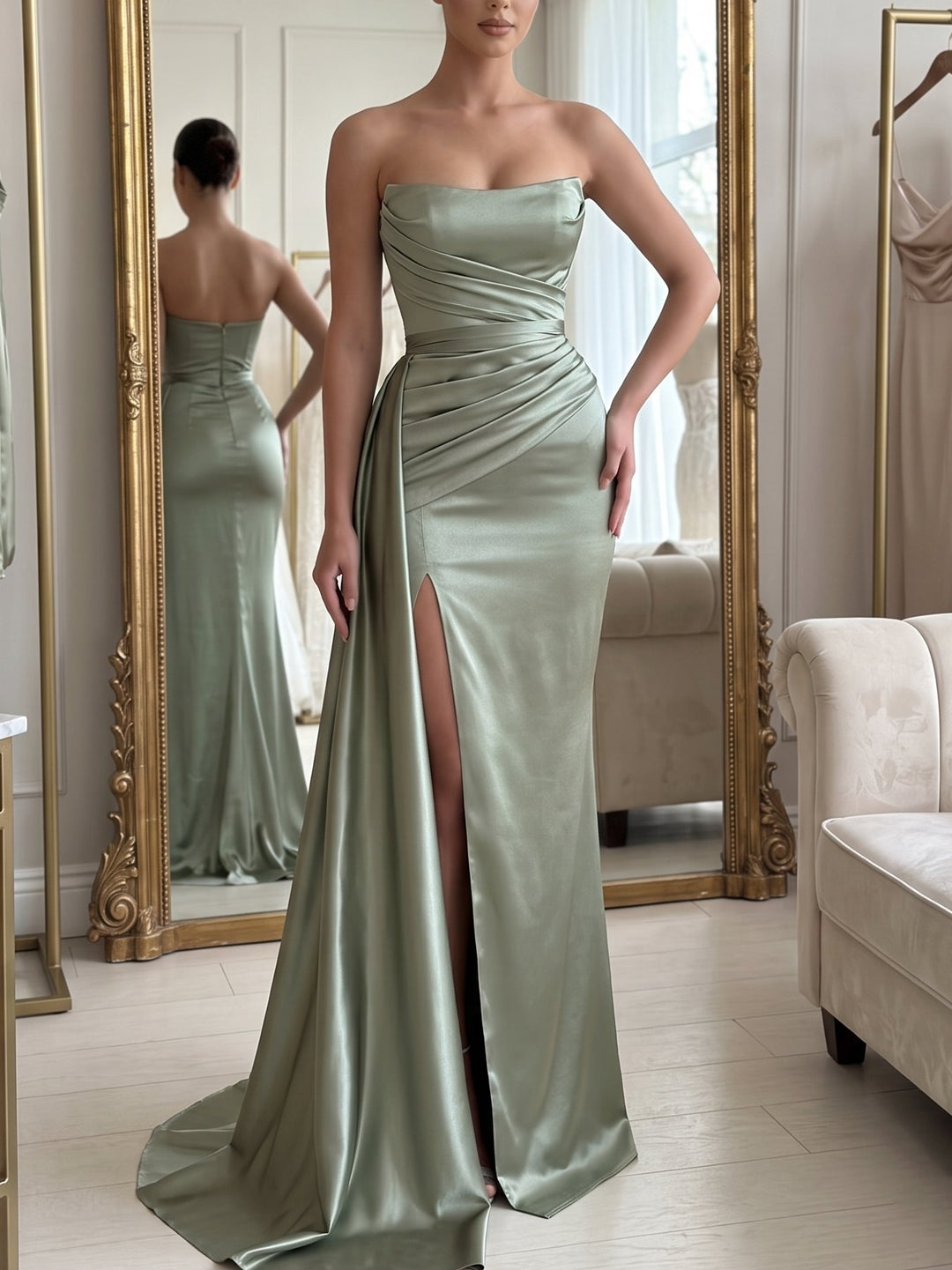 Sheath/Column Evening Dresses Satin Strapless Sleeveless Floor-Length With High Split Pleated