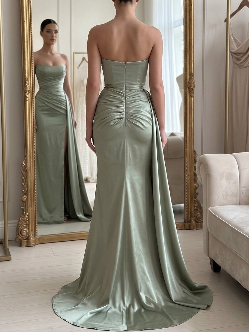 Sheath/Column Evening Dresses Satin Strapless Sleeveless Floor-Length With High Split Pleated