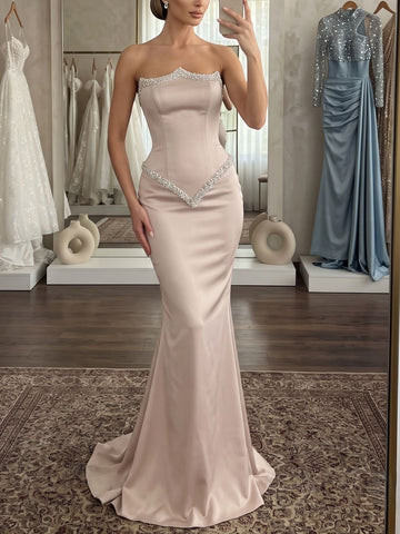 Trumpet/Mermaid Evening Dresses Satin Elegant Strapless Sleeveless Floor-Length With Bead