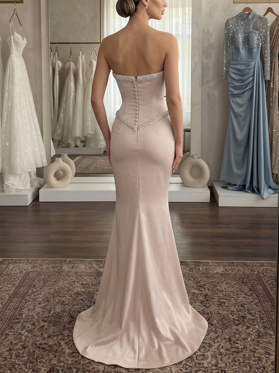 Trumpet/Mermaid Evening Dresses Satin Elegant Strapless Sleeveless Floor-Length With Bead