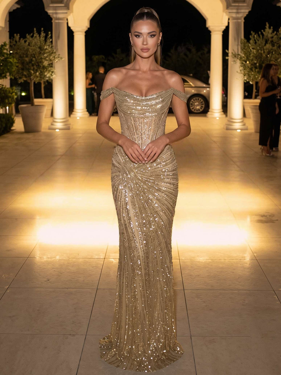 Sheath/Column Evening Dresses Sequined Gold Off-the-Shoulder Sleeveless Floor-Length Sequins Ruched 
