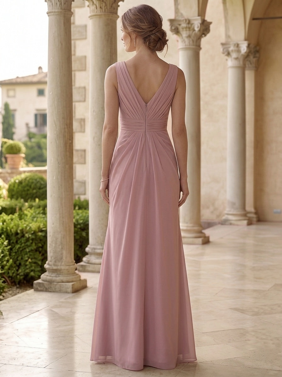 Sheath/Column Evening Dress Pink Chiffon Elegant V-Neck Sleeveless Floor-length With Ruched Zipper