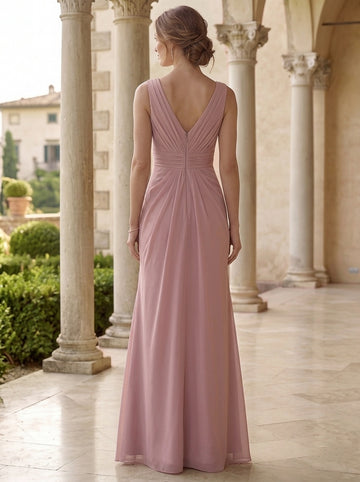 Sheath/Column Evening Dress Pink Chiffon Elegant V-Neck Sleeveless Floor-length With Ruched Zipper