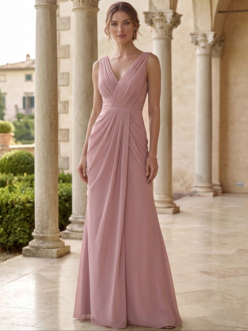 Sheath/Column Evening Dress Pink Chiffon Elegant V-Neck Sleeveless Floor-length With Ruched Zipper