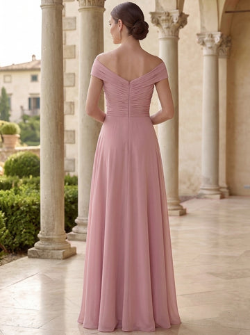 A-Line Evening Dress Pink Chiffon Elegant Off-the-Shoulder Sleeveless Floor-length With Flowers Pleats