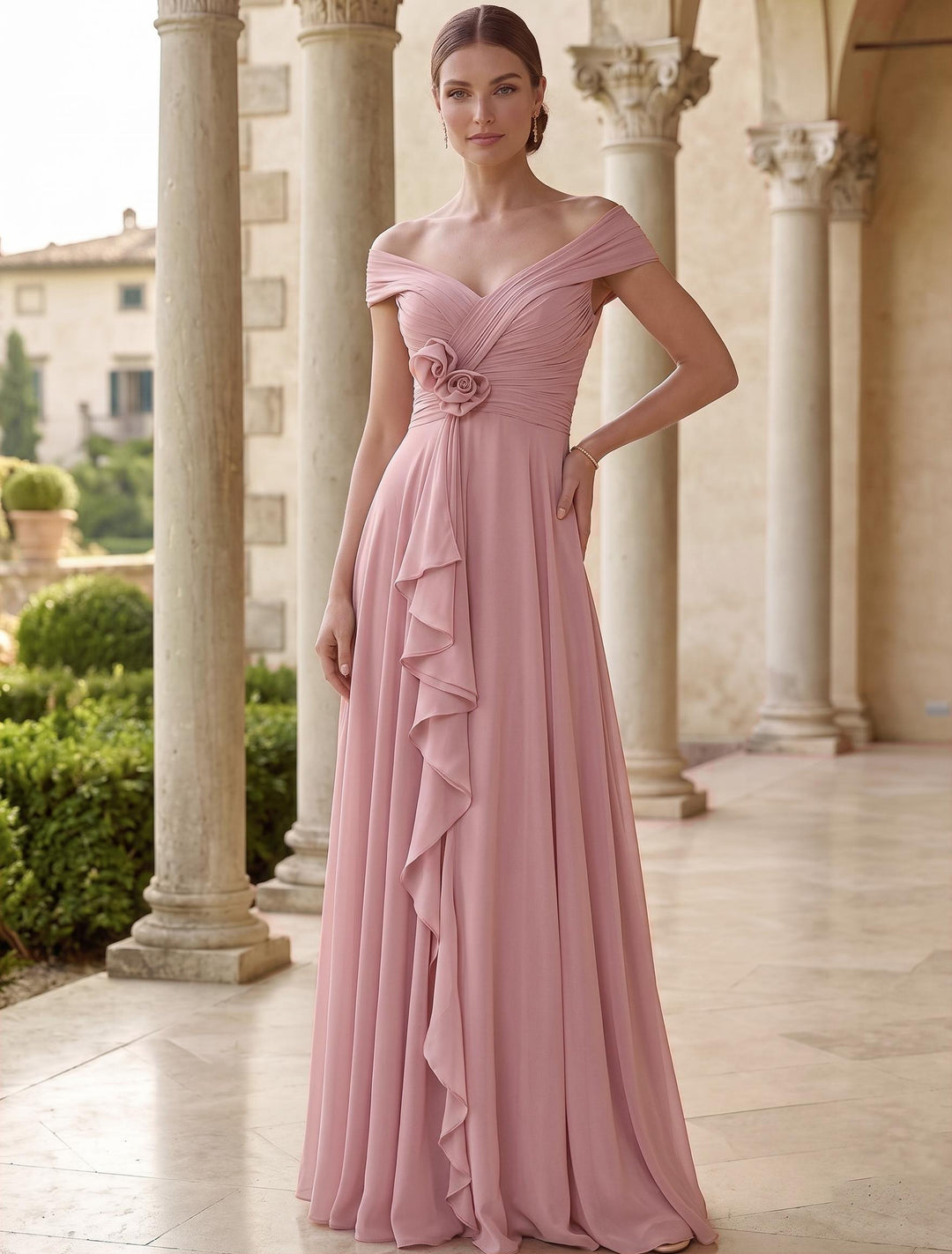 A-Line Evening Dress Pink Chiffon Elegant Off-the-Shoulder Sleeveless Floor-length With Flowers Pleats