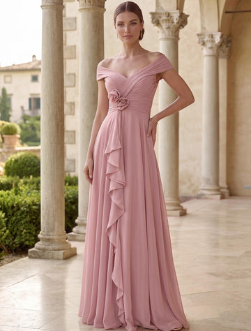 A-Line Evening Dress Pink Chiffon Elegant Off-the-Shoulder Sleeveless Floor-length With Flowers Pleats
