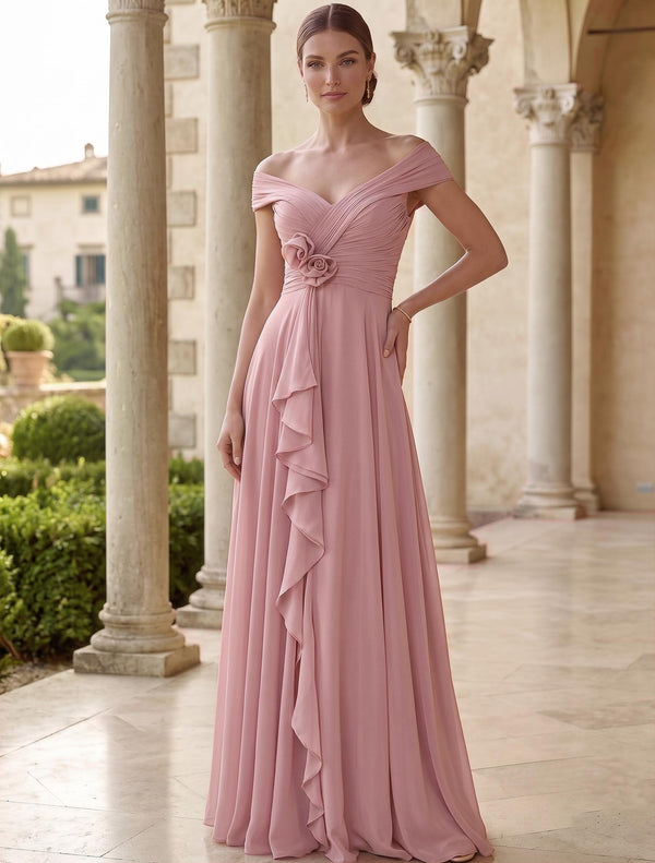 A-Line Evening Dress Pink Chiffon Elegant Off-the-Shoulder Sleeveless Floor-length With Flowers Pleats