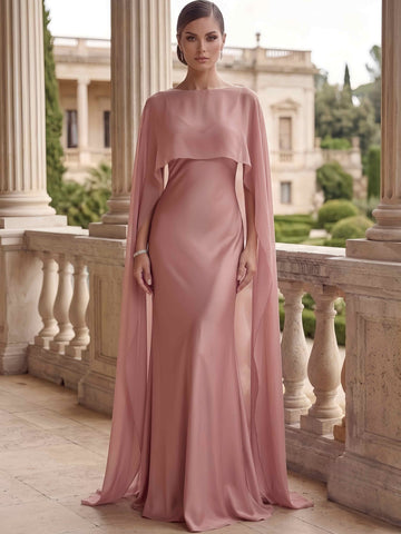Trumpet/Mermaid Evening Dress Satin V-Neck Spaghetti Straps Sleeveless Floor-Length With Chiffon Cape Backless