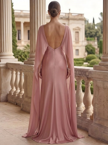 Trumpet/Mermaid Evening Dress Satin V-Neck Spaghetti Straps Sleeveless Floor-Length With Chiffon Cape Backless