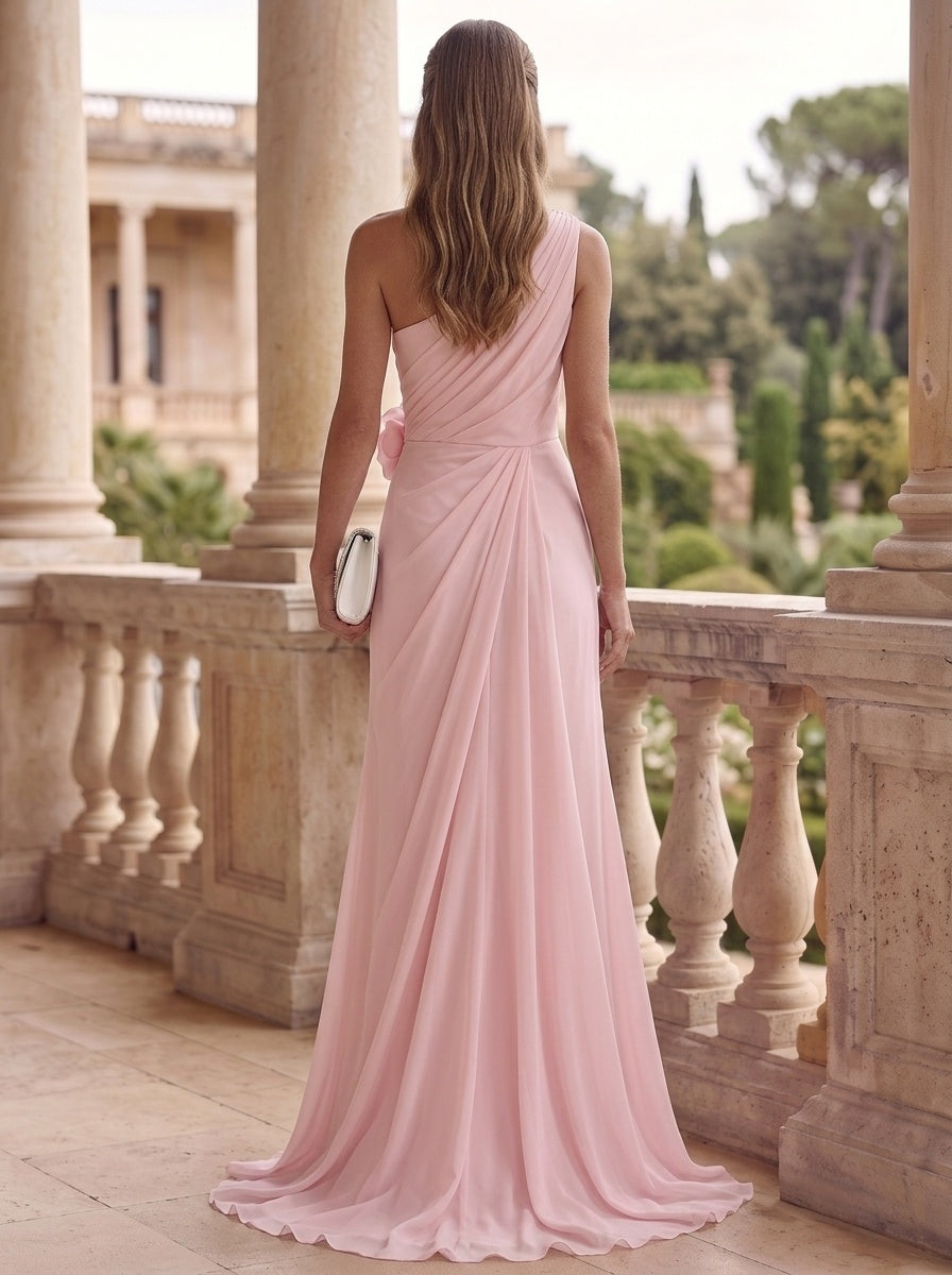 A-Line/Princess Evening Dress Pink Chiffon Elegant One-Shoulder Sleeveless Floor-length With Flower Ruched Zipper