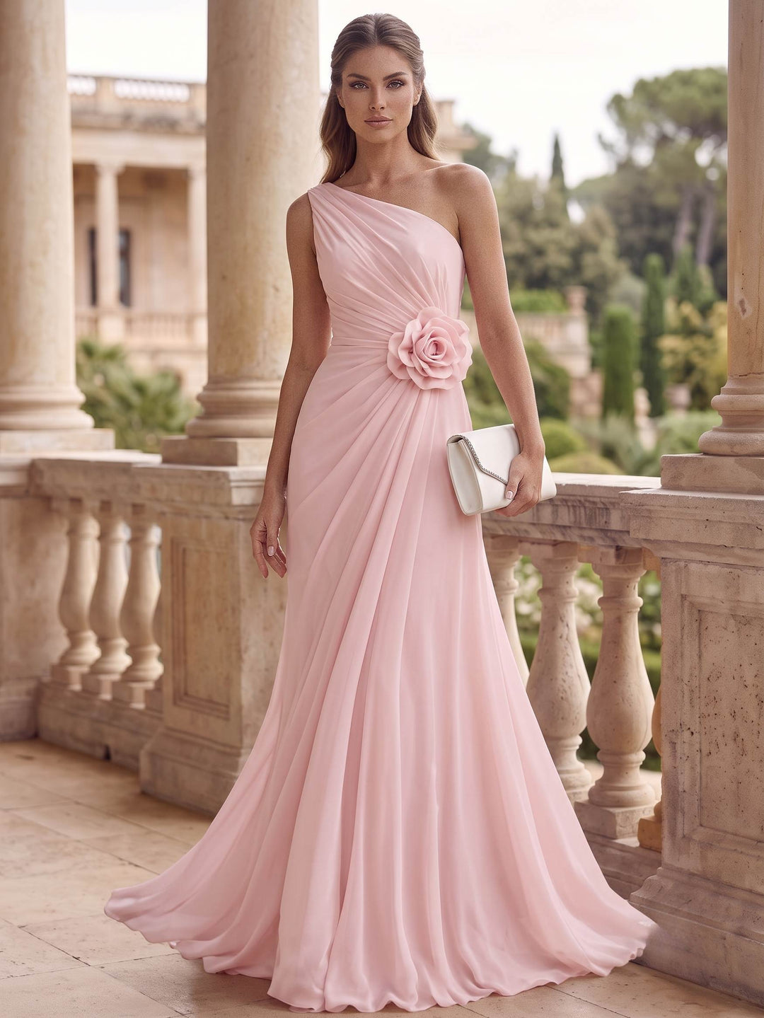 A-Line/Princess Evening Dress Pink Chiffon Elegant One-Shoulder Sleeveless Floor-length With Flower Ruched Zipper
